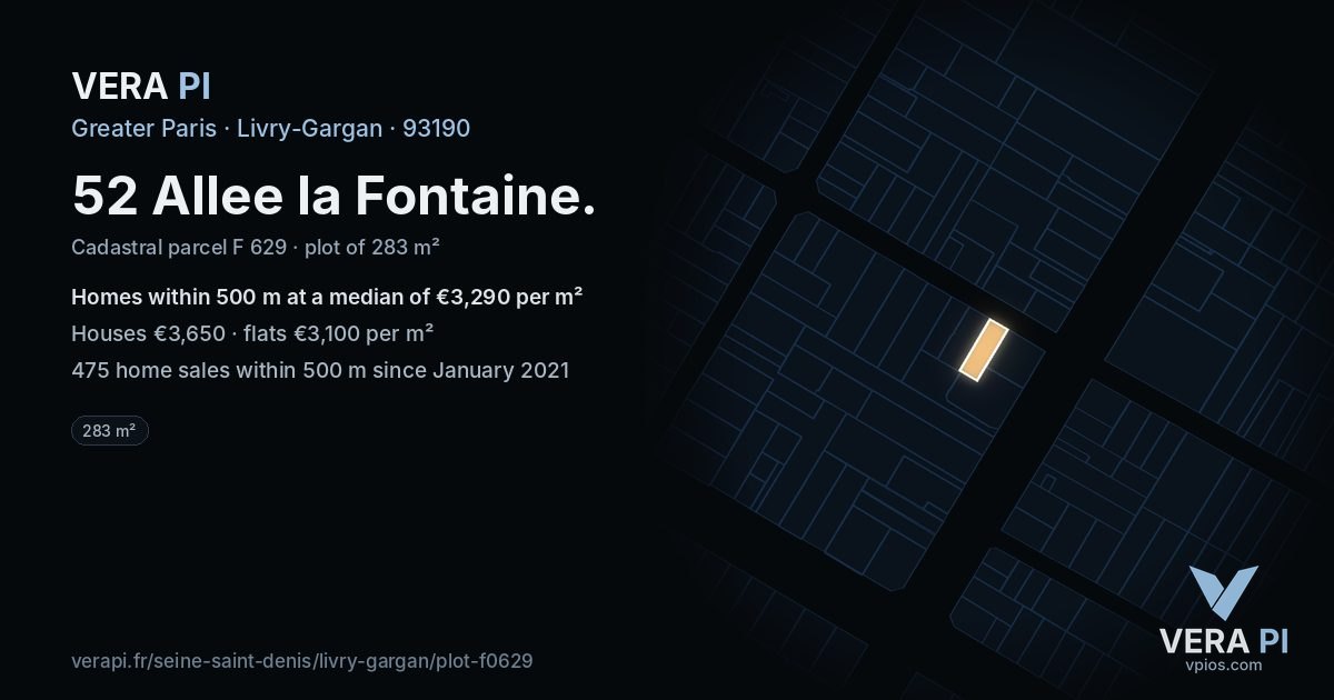 52 Allee la Fontaine, Livry-Gargan at night – the plot lit, the parcels around coloured by the prices near them
