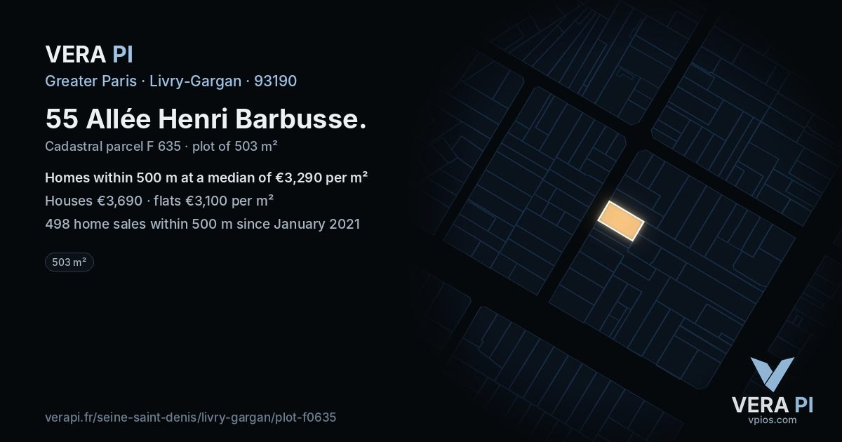55 Allée Henri Barbusse, Livry-Gargan at night – the plot lit, the parcels around coloured by the prices near them