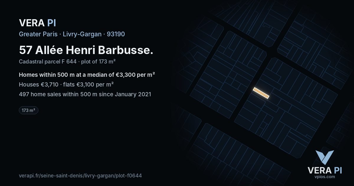 57 Allée Henri Barbusse, Livry-Gargan at night – the plot lit, the parcels around coloured by the prices near them