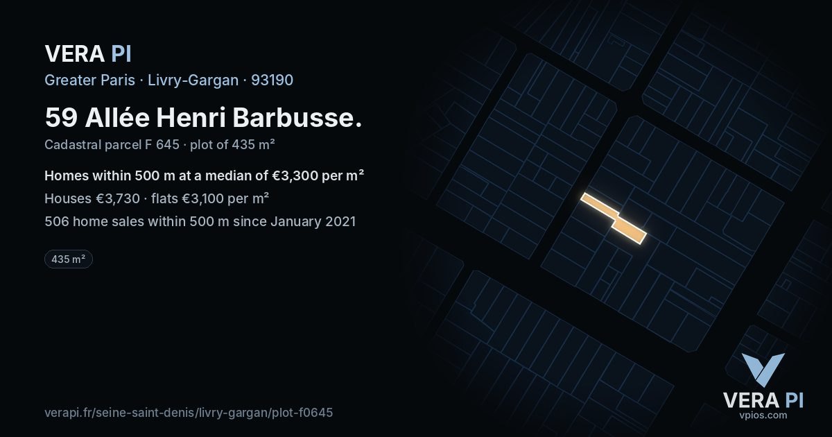 59 Allée Henri Barbusse, Livry-Gargan at night – the plot lit, the parcels around coloured by the prices near them