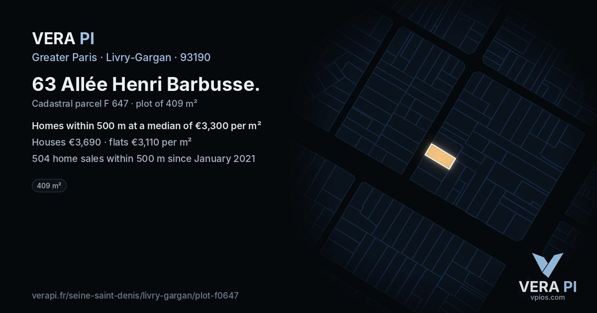 63 Allée Henri Barbusse, Livry-Gargan at night – the plot lit, the parcels around coloured by the prices near them