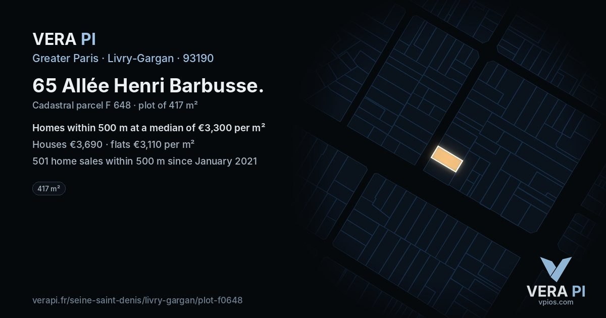 65 Allée Henri Barbusse, Livry-Gargan at night – the plot lit, the parcels around coloured by the prices near them