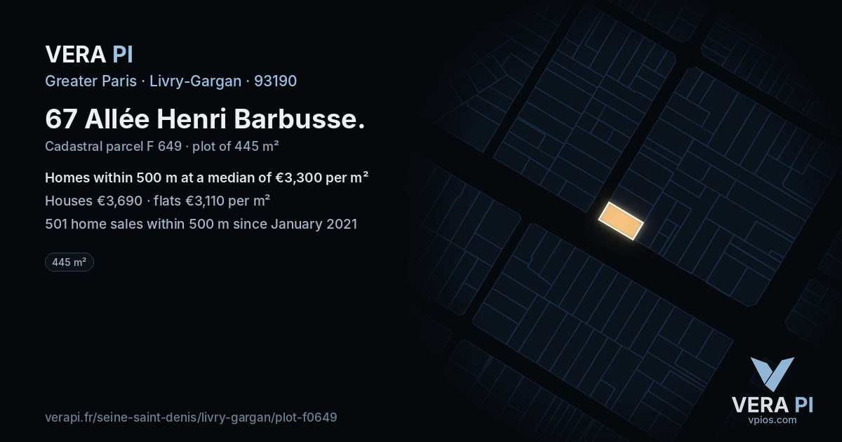 67 Allée Henri Barbusse, Livry-Gargan at night – the plot lit, the parcels around coloured by the prices near them