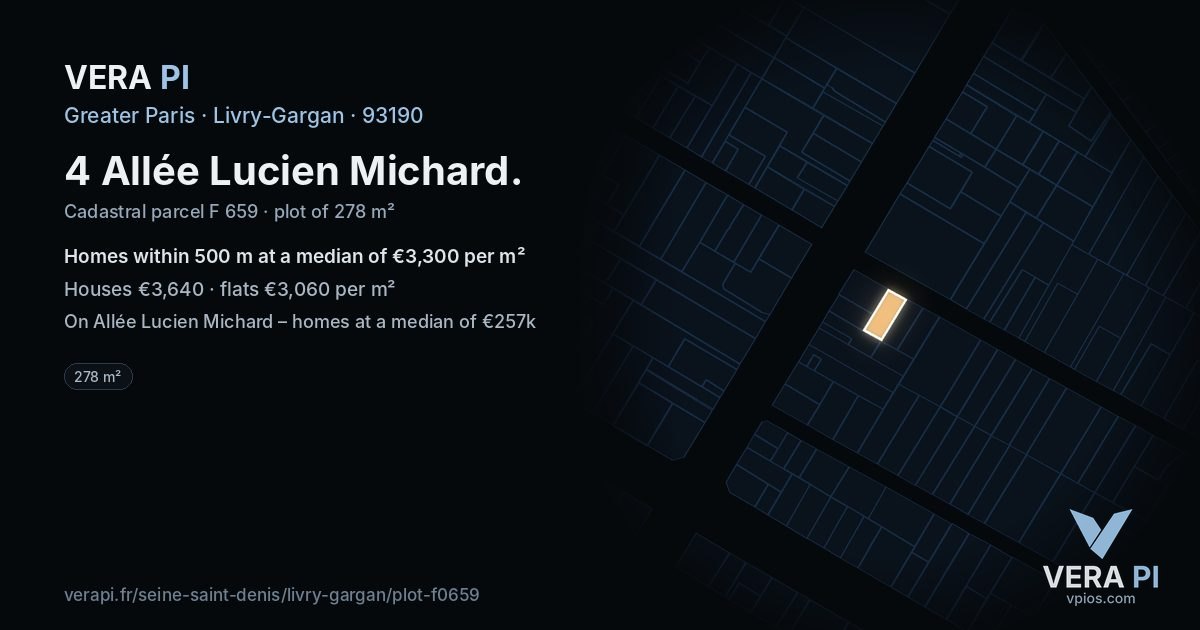 4 Allée Lucien Michard, Livry-Gargan at night – the plot lit, the parcels around coloured by the prices near them