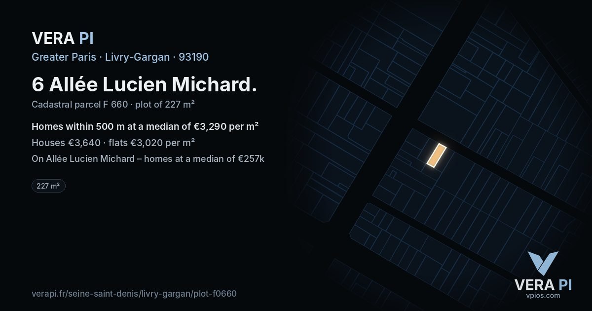 6 Allée Lucien Michard, Livry-Gargan at night – the plot lit, the parcels around coloured by the prices near them