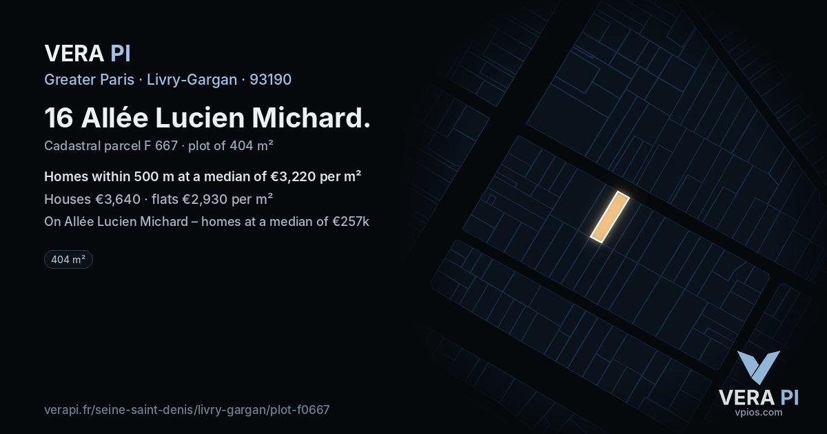 16 Allée Lucien Michard, Livry-Gargan at night – the plot lit, the parcels around coloured by the prices near them