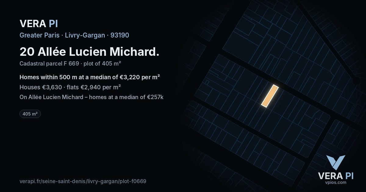 20 Allée Lucien Michard, Livry-Gargan at night – the plot lit, the parcels around coloured by the prices near them