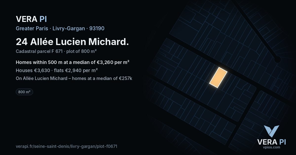 24 Allée Lucien Michard, Livry-Gargan at night – the plot lit, the parcels around coloured by the prices near them