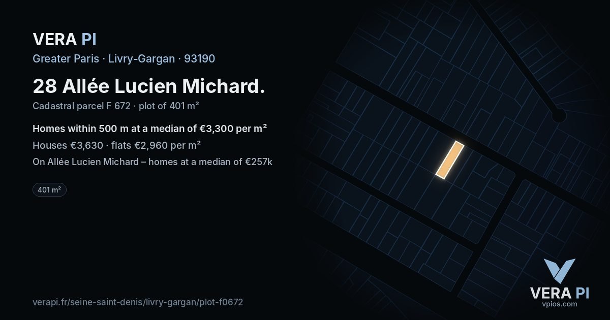 28 Allée Lucien Michard, Livry-Gargan at night – the plot lit, the parcels around coloured by the prices near them