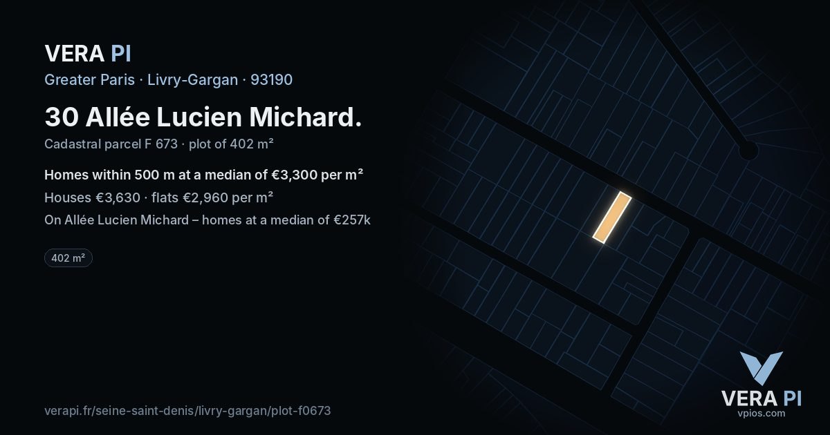 30 Allée Lucien Michard, Livry-Gargan at night – the plot lit, the parcels around coloured by the prices near them