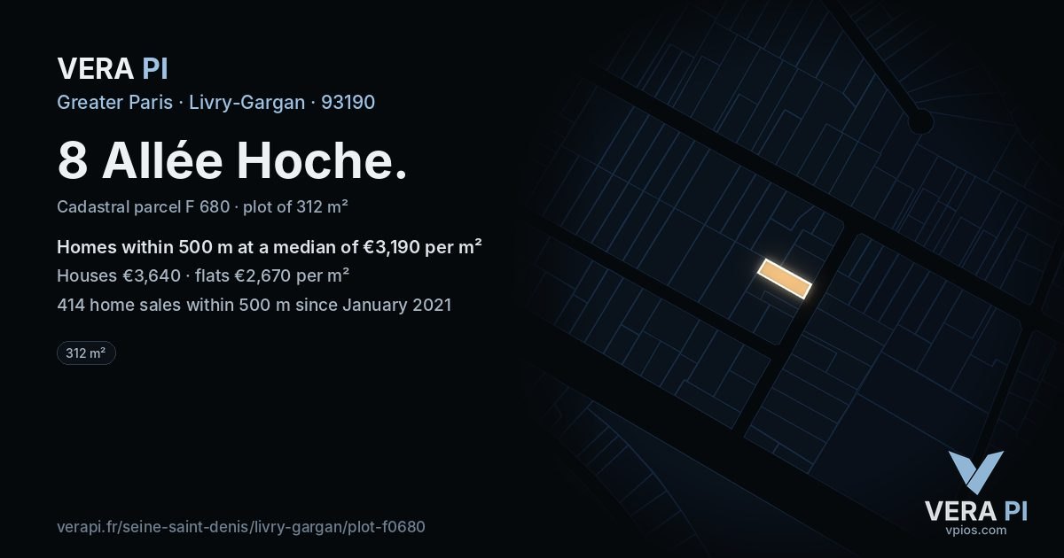 8 Allée Hoche, Livry-Gargan at night – the plot lit, the parcels around coloured by the prices near them