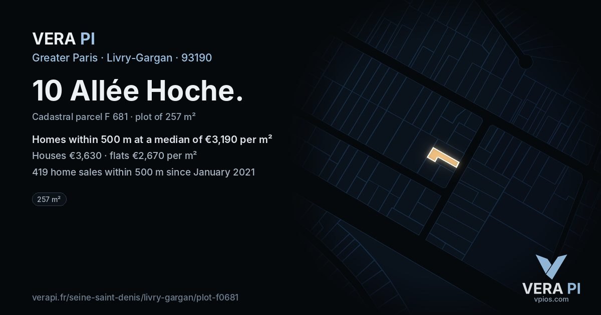 10 Allée Hoche, Livry-Gargan at night – the plot lit, the parcels around coloured by the prices near them