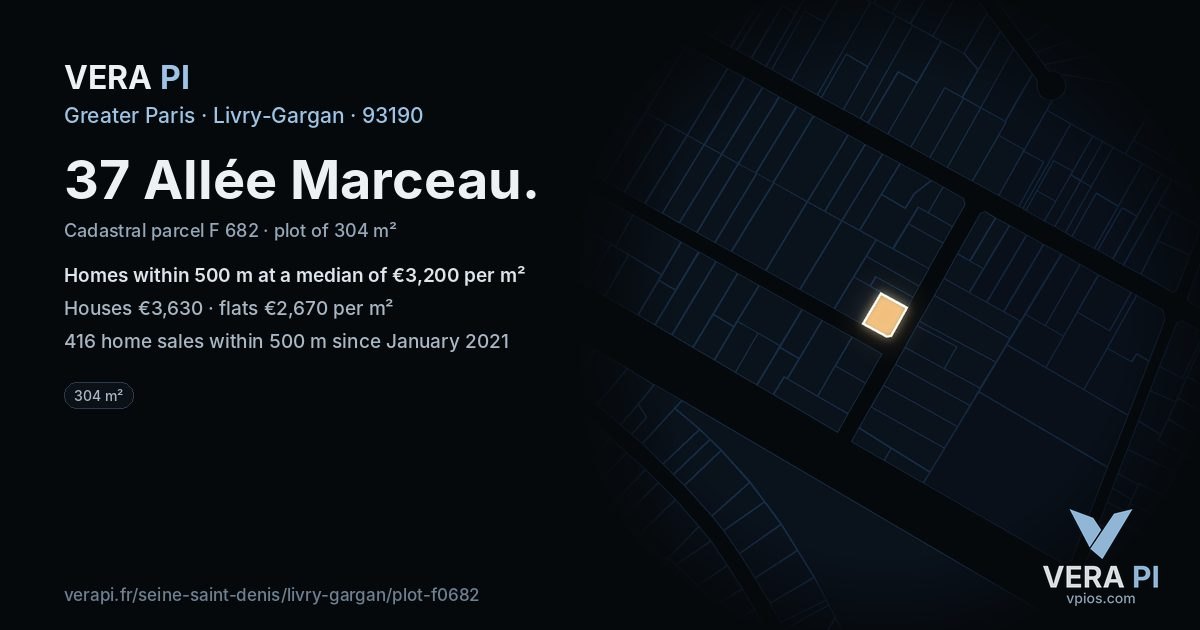 37 Allée Marceau, Livry-Gargan at night – the plot lit, the parcels around coloured by the prices near them