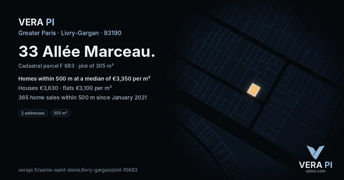 33 Allée Marceau, Livry-Gargan at night – the plot lit, the parcels around coloured by the prices near them