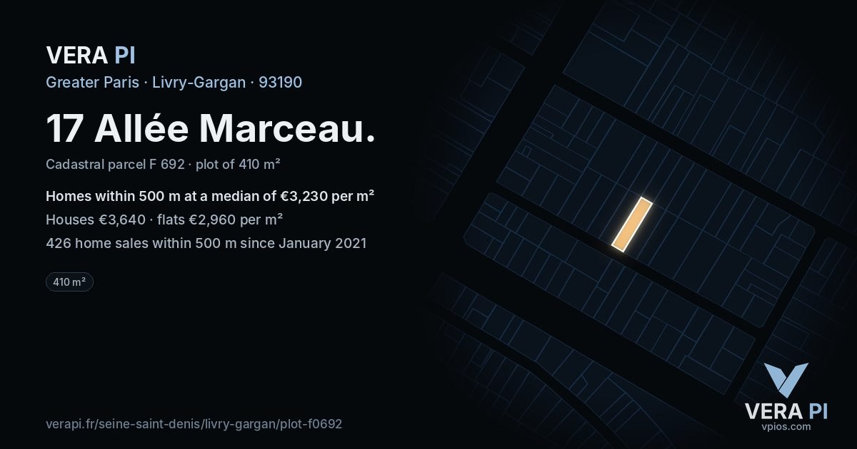 17 Allée Marceau, Livry-Gargan at night – the plot lit, the parcels around coloured by the prices near them