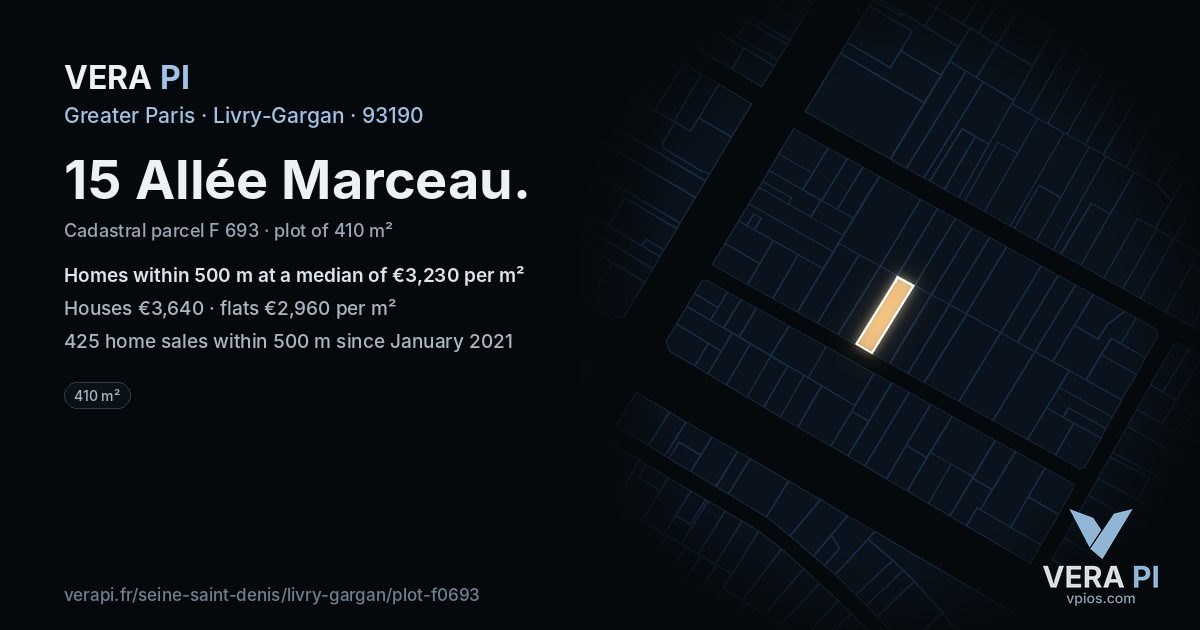 15 Allée Marceau, Livry-Gargan at night – the plot lit, the parcels around coloured by the prices near them