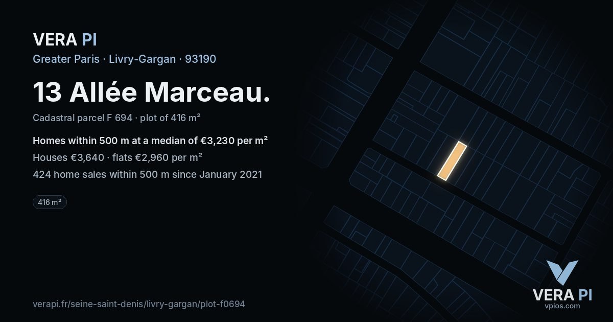 13 Allée Marceau, Livry-Gargan at night – the plot lit, the parcels around coloured by the prices near them