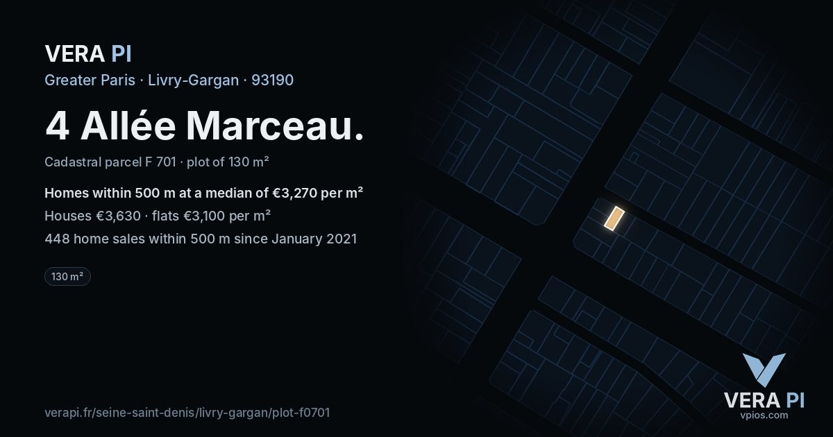4 Allée Marceau, Livry-Gargan at night – the plot lit, the parcels around coloured by the prices near them