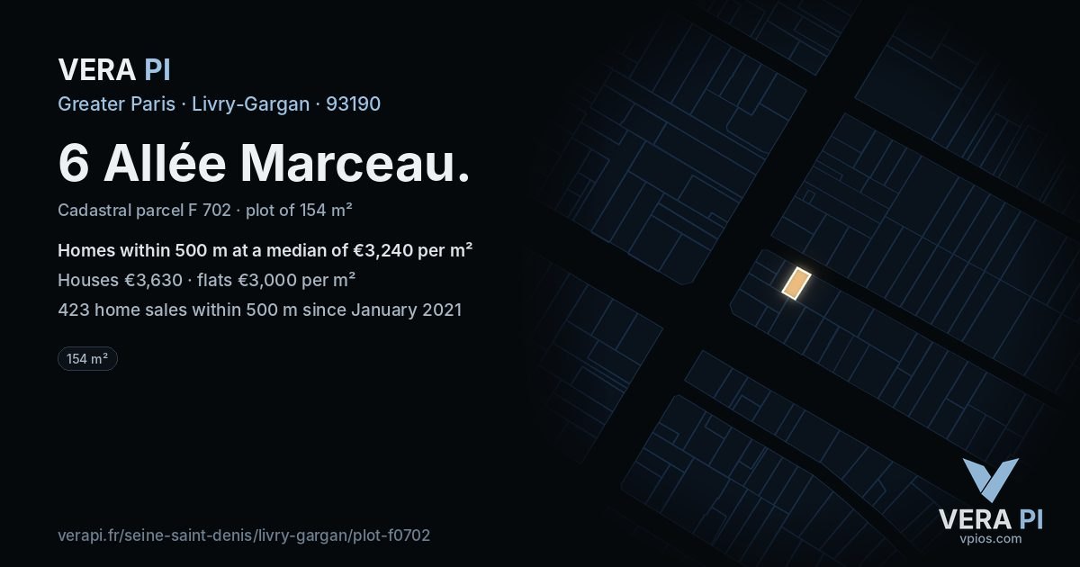 6 Allée Marceau, Livry-Gargan at night – the plot lit, the parcels around coloured by the prices near them