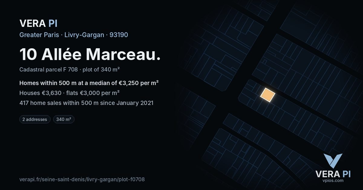 10 Allée Marceau, Livry-Gargan at night – the plot lit, the parcels around coloured by the prices near them