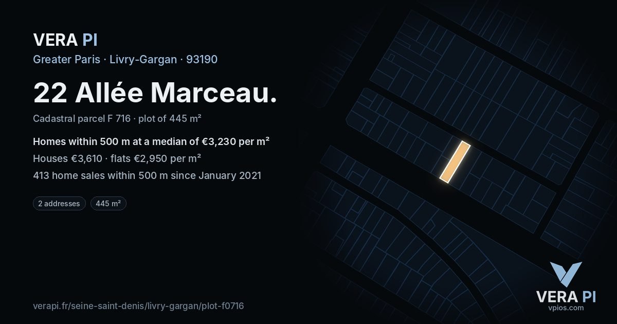 22 Allée Marceau, Livry-Gargan at night – the plot lit, the parcels around coloured by the prices near them