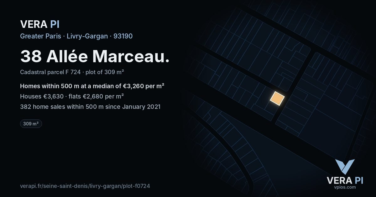 38 Allée Marceau, Livry-Gargan at night – the plot lit, the parcels around coloured by the prices near them
