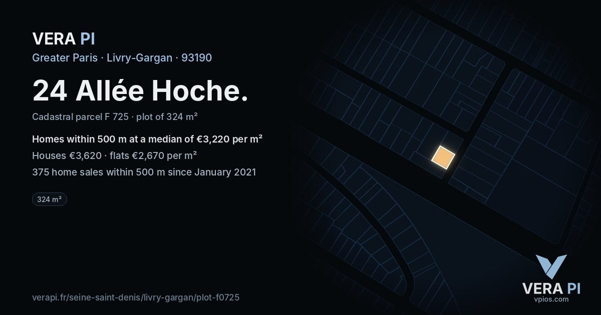 24 Allée Hoche, Livry-Gargan at night – the plot lit, the parcels around coloured by the prices near them