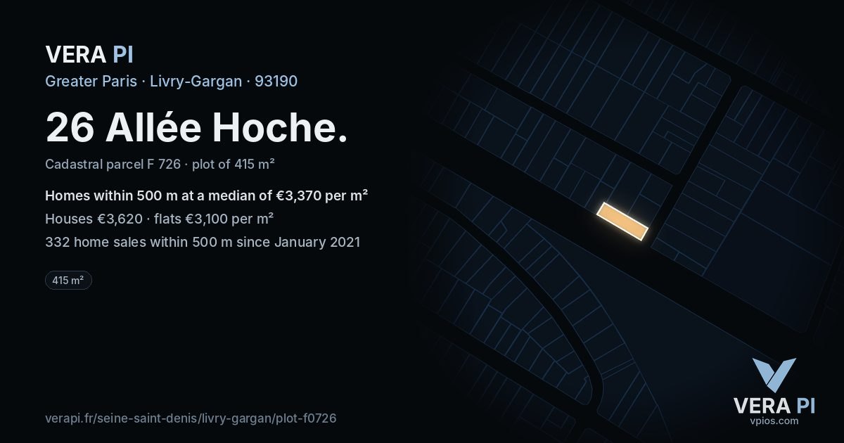26 Allée Hoche, Livry-Gargan at night – the plot lit, the parcels around coloured by the prices near them