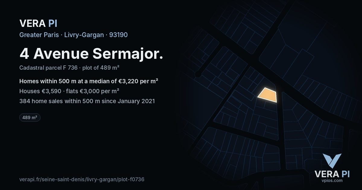 4 Avenue Sermajor, Livry-Gargan at night – the plot lit, the parcels around coloured by the prices near them