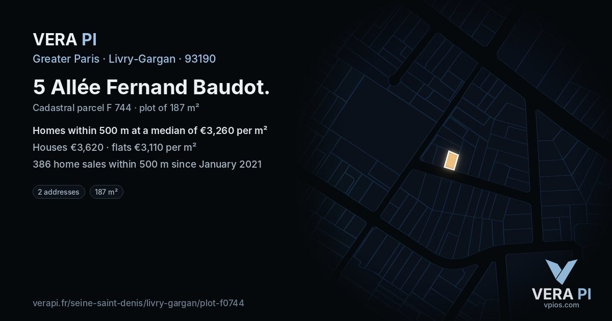 5 Allée Fernand Baudot, Livry-Gargan at night – the plot lit, the parcels around coloured by the prices near them