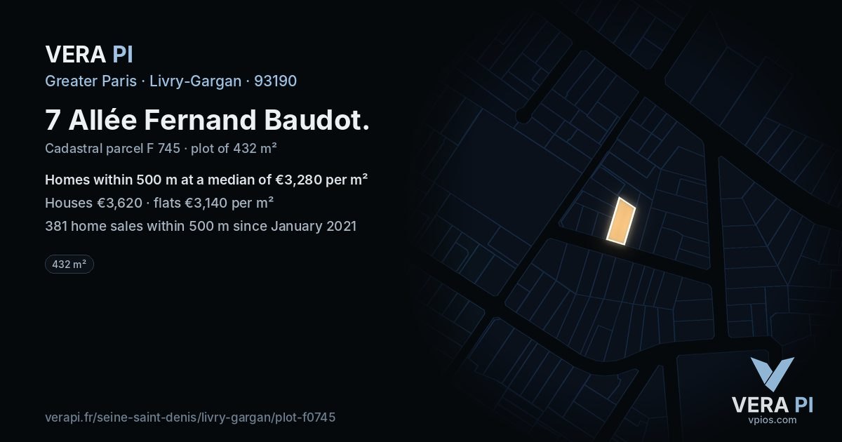 7 Allée Fernand Baudot, Livry-Gargan at night – the plot lit, the parcels around coloured by the prices near them