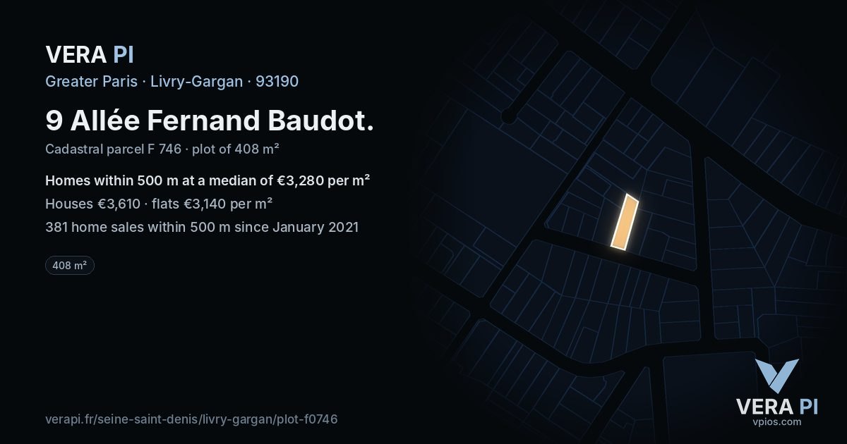 9 Allée Fernand Baudot, Livry-Gargan at night – the plot lit, the parcels around coloured by the prices near them