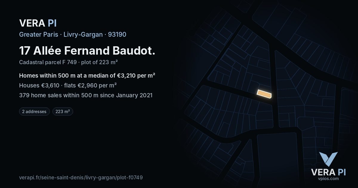17 Allée Fernand Baudot, Livry-Gargan at night – the plot lit, the parcels around coloured by the prices near them