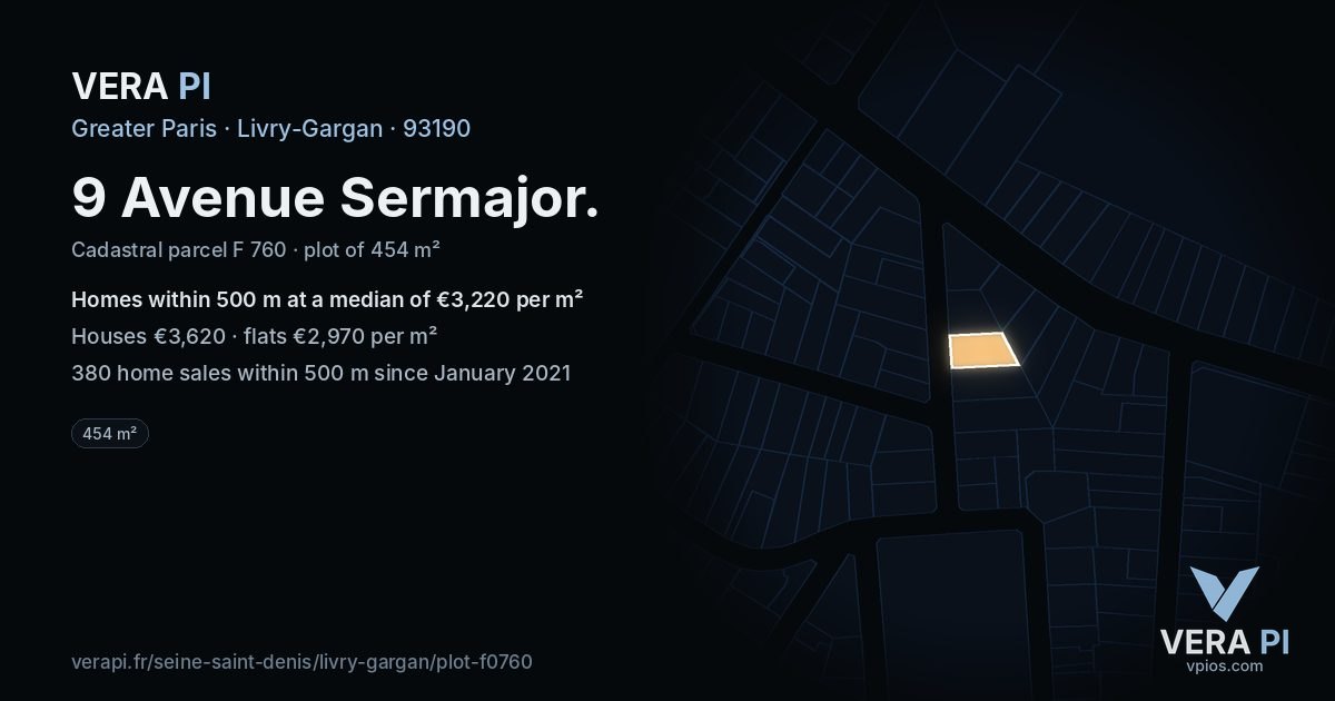 9 Avenue Sermajor, Livry-Gargan at night – the plot lit, the parcels around coloured by the prices near them