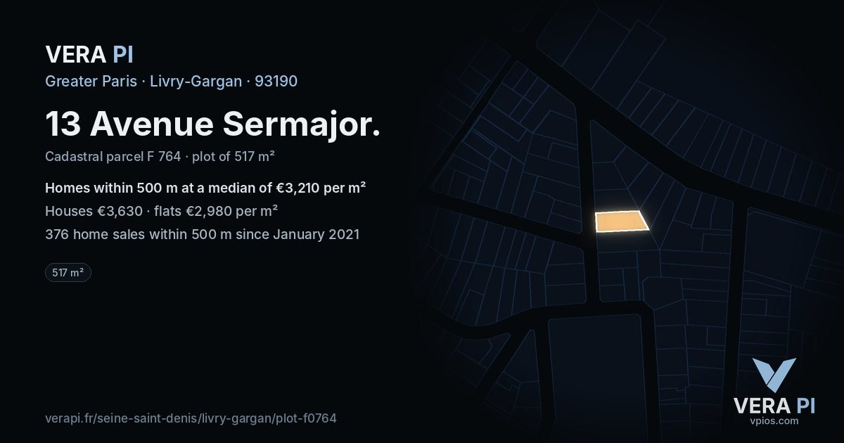 13 Avenue Sermajor, Livry-Gargan at night – the plot lit, the parcels around coloured by the prices near them