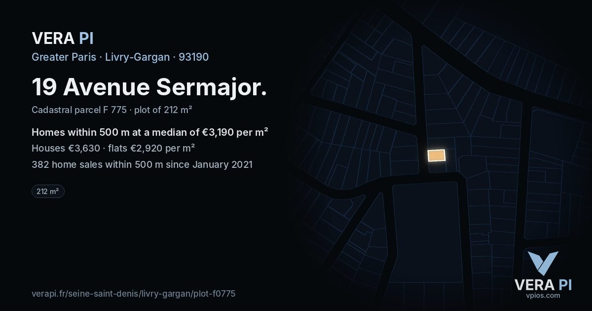 19 Avenue Sermajor, Livry-Gargan at night – the plot lit, the parcels around coloured by the prices near them