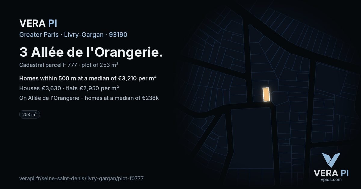 3 Allée de l'Orangerie, Livry-Gargan at night – the plot lit, the parcels around coloured by the prices near them