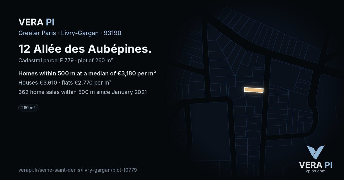 12 Allée des Aubépines, Livry-Gargan at night – the plot lit, the parcels around coloured by the prices near them