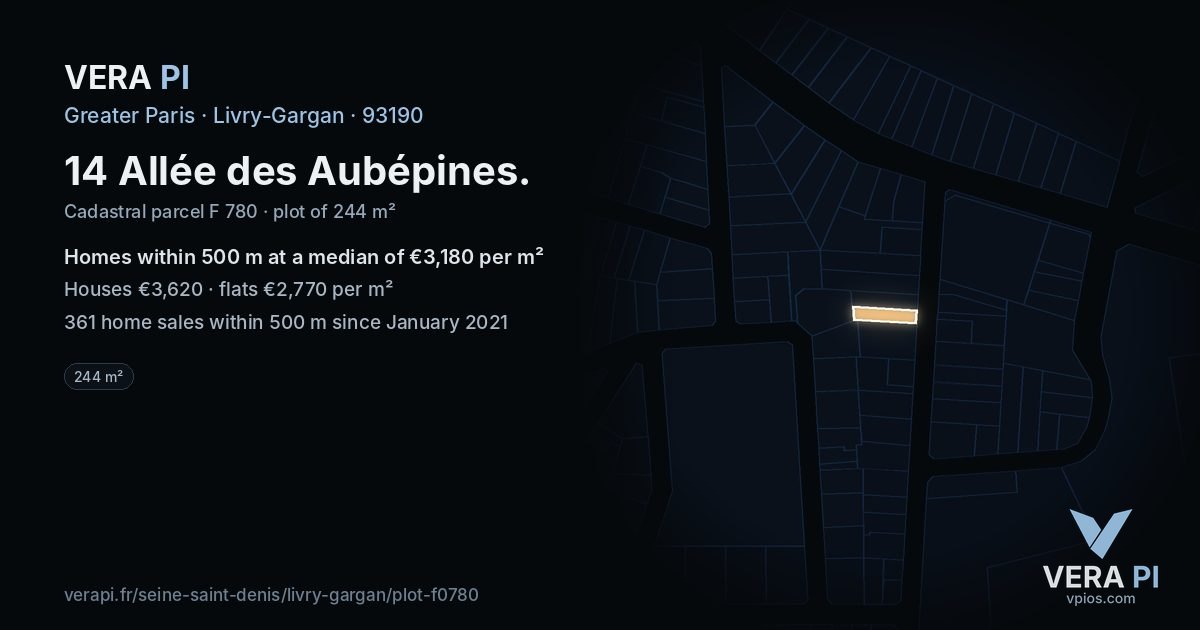 14 Allée des Aubépines, Livry-Gargan at night – the plot lit, the parcels around coloured by the prices near them