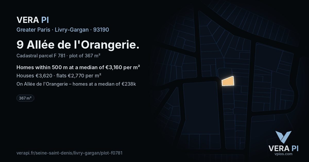 9 Allée de l'Orangerie, Livry-Gargan at night – the plot lit, the parcels around coloured by the prices near them