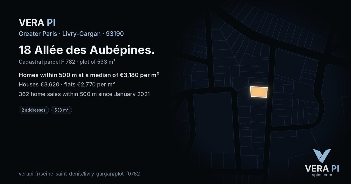 18 Allée des Aubépines, Livry-Gargan at night – the plot lit, the parcels around coloured by the prices near them