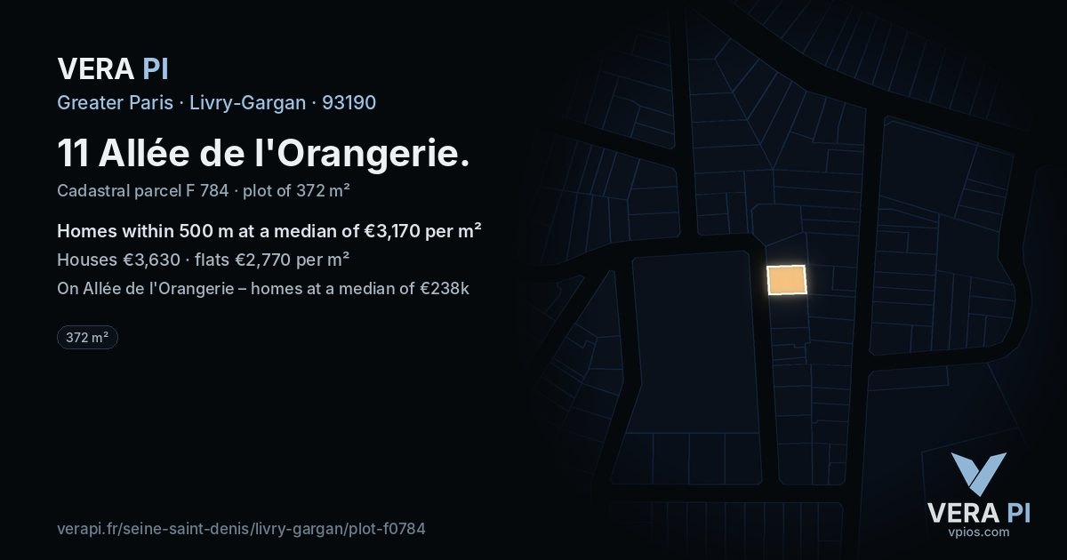 11 Allée de l'Orangerie, Livry-Gargan at night – the plot lit, the parcels around coloured by the prices near them