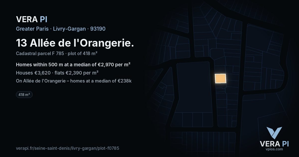 13 Allée de l'Orangerie, Livry-Gargan at night – the plot lit, the parcels around coloured by the prices near them