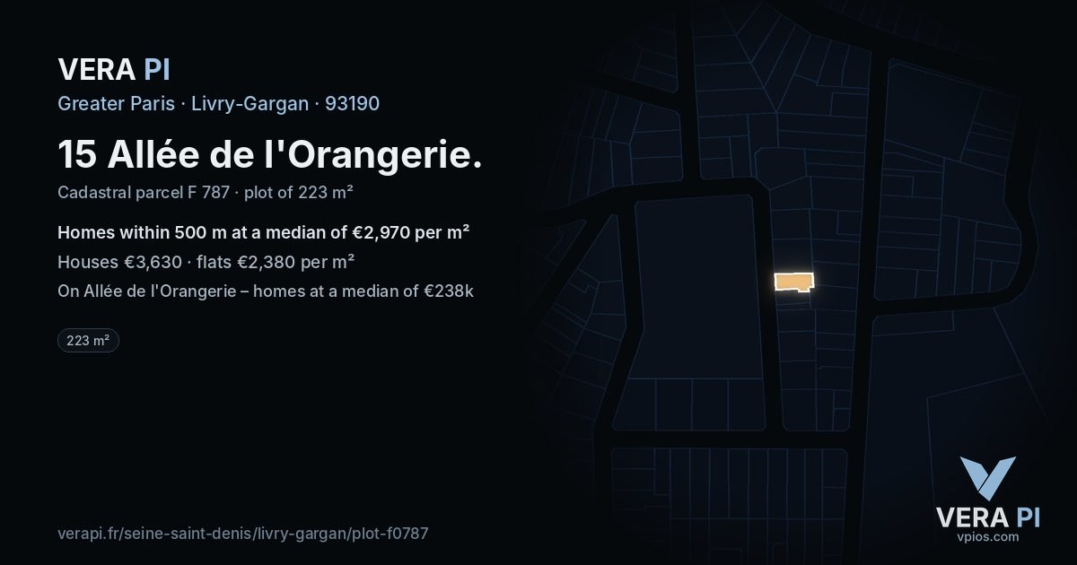 15 Allée de l'Orangerie, Livry-Gargan at night – the plot lit, the parcels around coloured by the prices near them