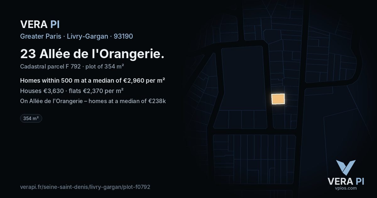 23 Allée de l'Orangerie, Livry-Gargan at night – the plot lit, the parcels around coloured by the prices near them