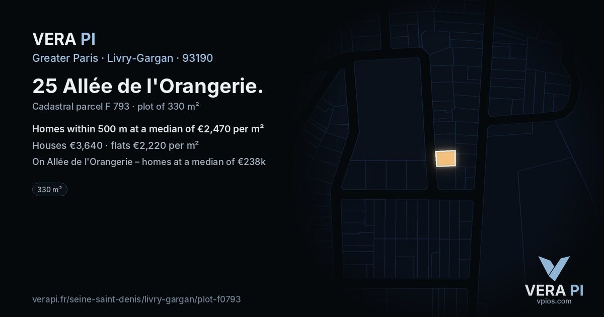 25 Allée de l'Orangerie, Livry-Gargan at night – the plot lit, the parcels around coloured by the prices near them