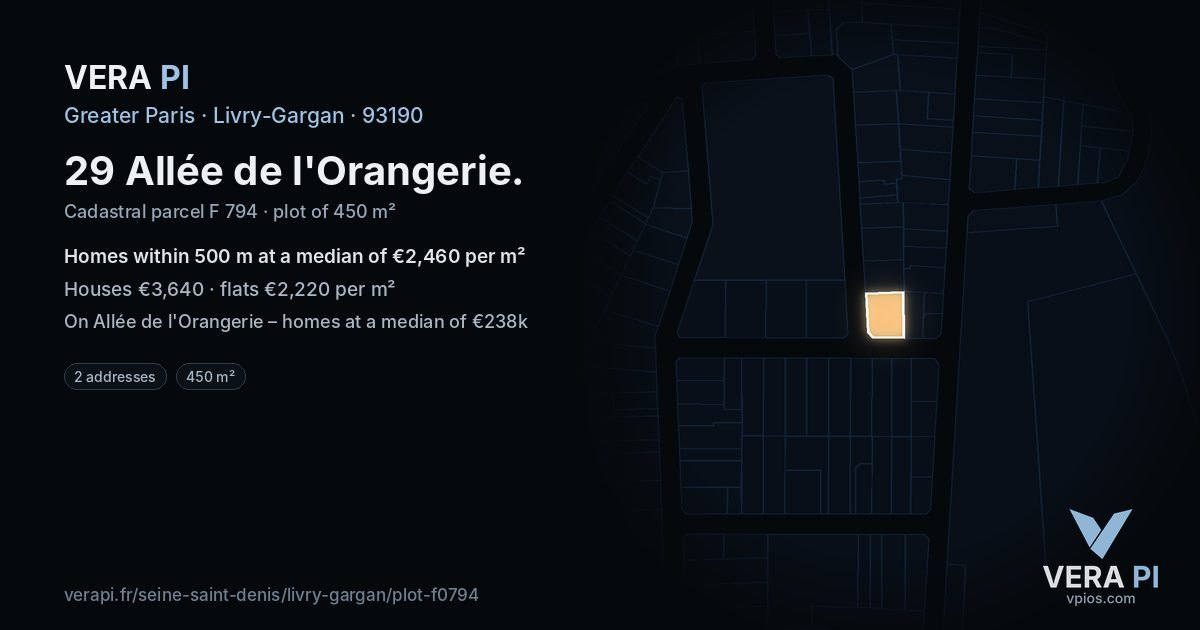 29 Allée de l'Orangerie, Livry-Gargan at night – the plot lit, the parcels around coloured by the prices near them