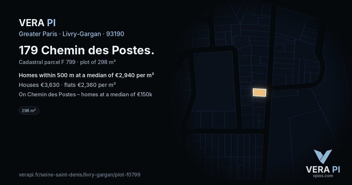 179 Chemin des Postes, Livry-Gargan at night – the plot lit, the parcels around coloured by the prices near them