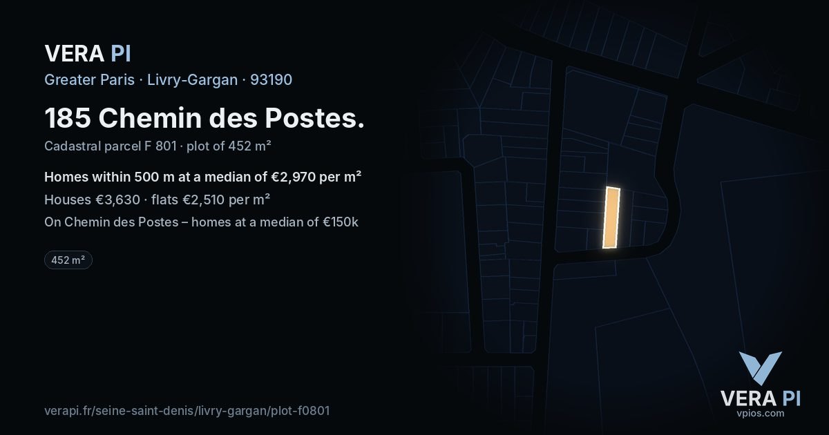 185 Chemin des Postes, Livry-Gargan at night – the plot lit, the parcels around coloured by the prices near them