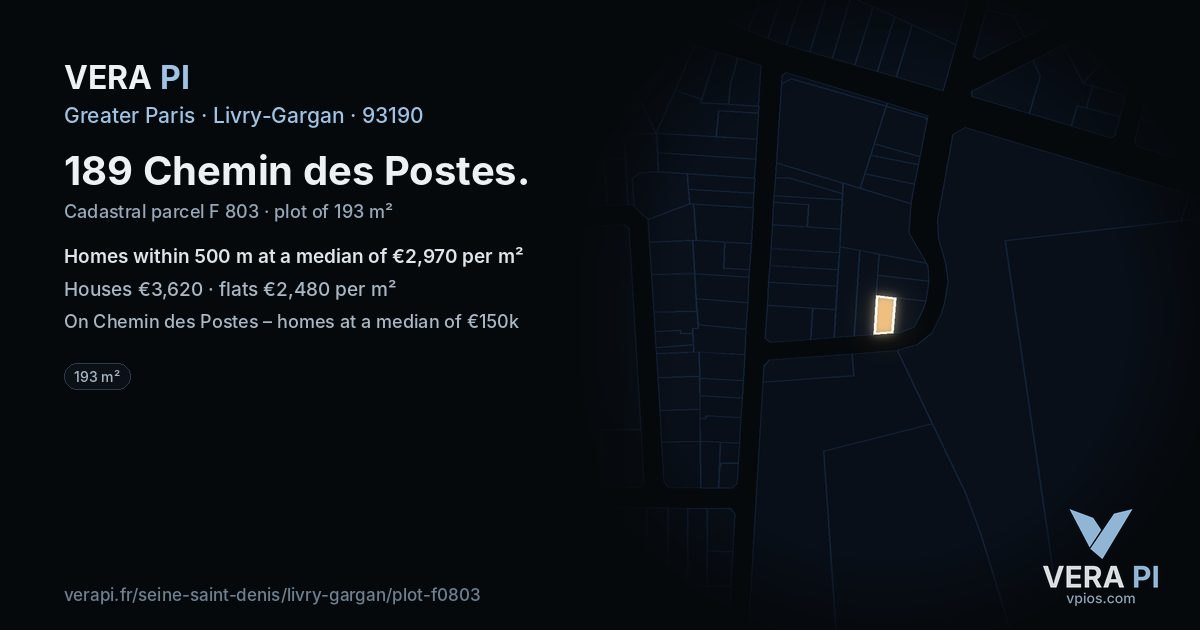 189 Chemin des Postes, Livry-Gargan at night – the plot lit, the parcels around coloured by the prices near them